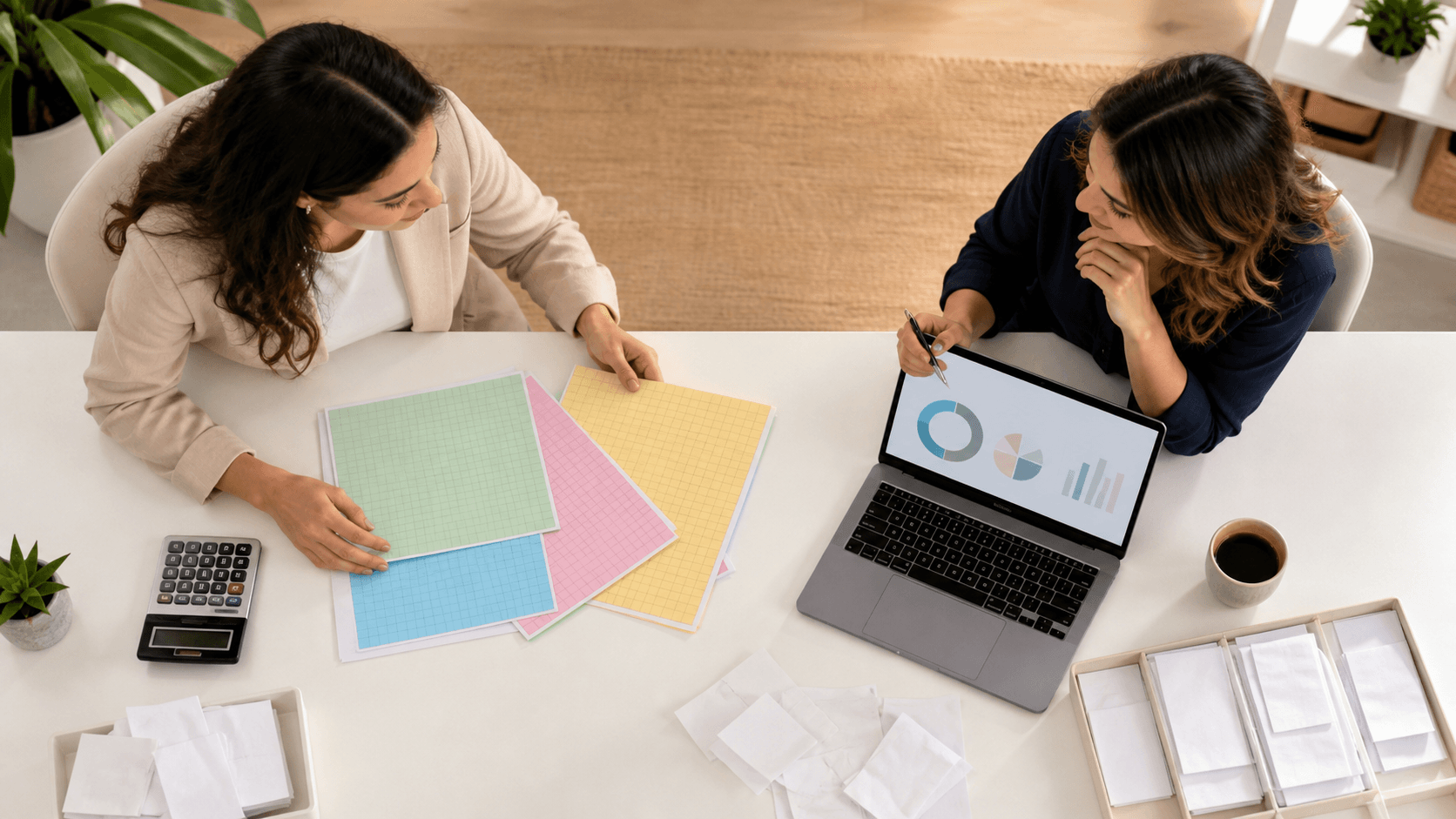 Split-screen laptop display with colorful spreadsheet cells beside a sleek bookkeeping dashboard on a white desk.