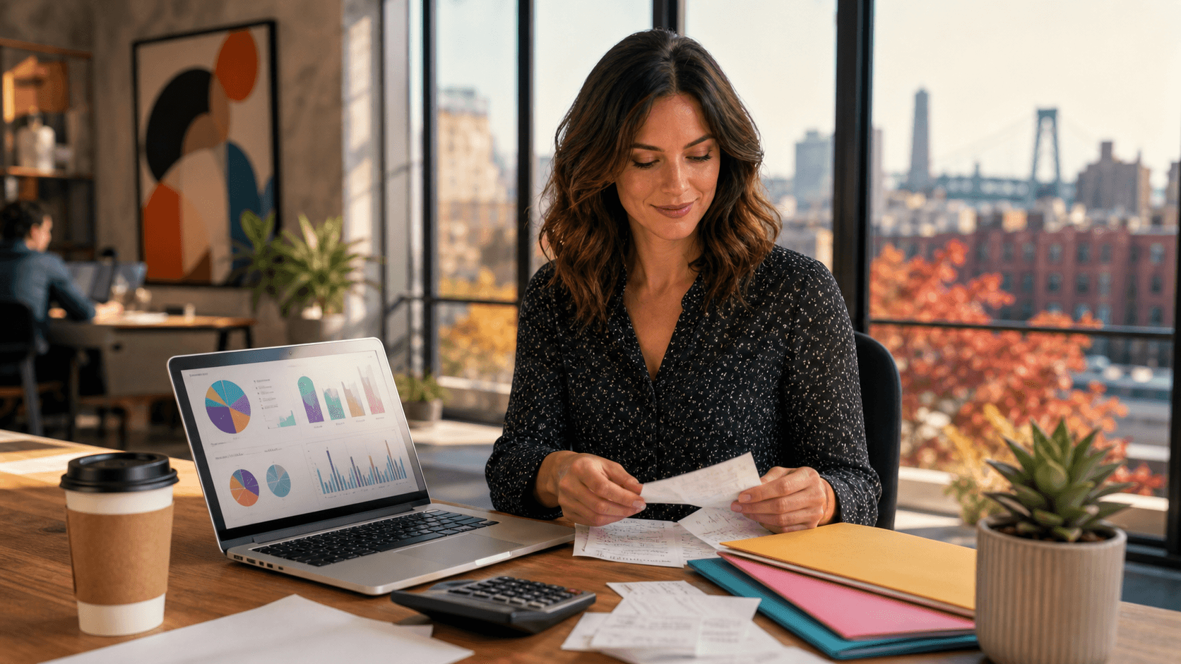 Autumn leaves frame a desk with tax forms, calculator, laptop, and coffee in warm golden light.
