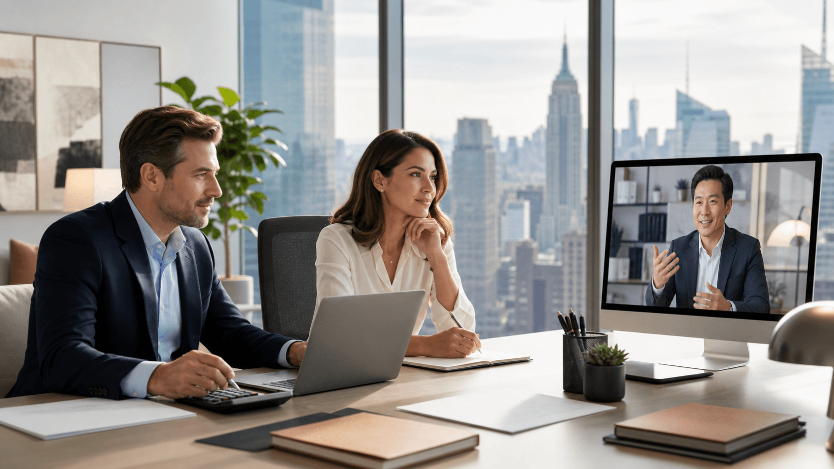 Split office scene with a bookkeeper at a desk and a remote accountant on a laptop, set against the NYC skyline.