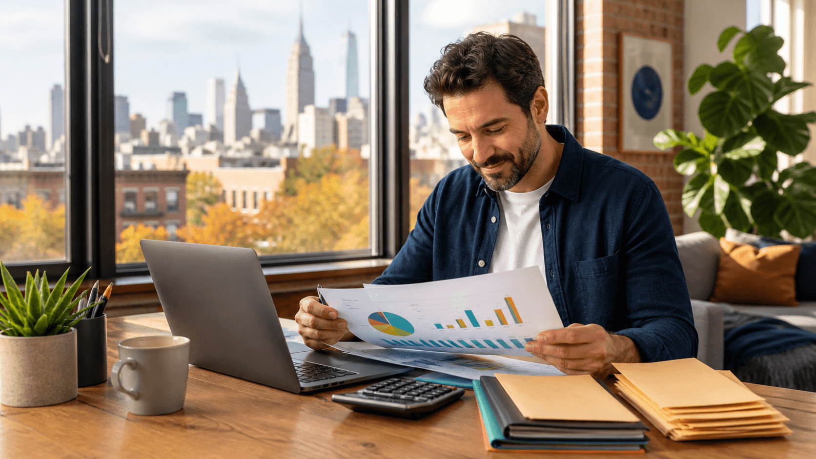 Freelancer reviews tax documents on a laptop beside a coffee cup, with NYC skyline glowing through a window.