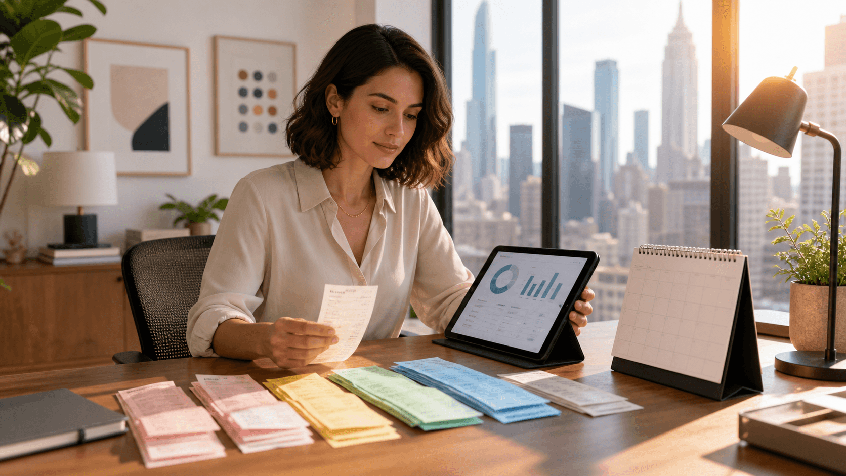 Freelancer reviews financial charts beside a laptop in a bright New York City office with skyline views.